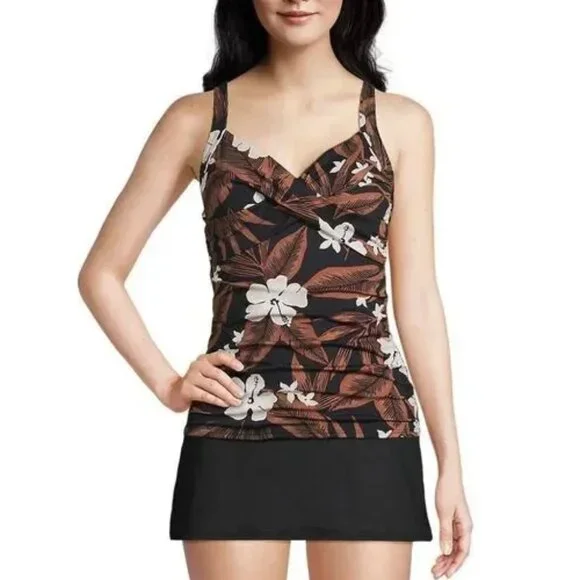 NWT Lands' End Plus Standard Vneck Wrap Underwire Floral Palm Tankini Swim Top - Picture 2 of 13